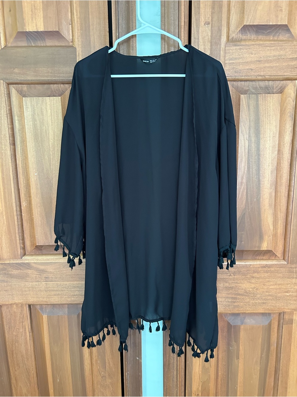 Black Tassel-Trim Swim Coverup Kimono